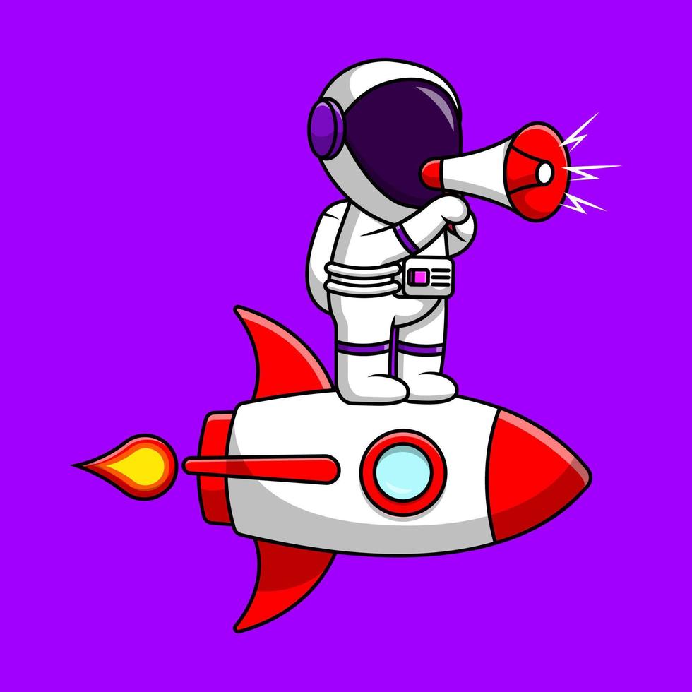 Cute Astronaut Riding Rocket With Megaphone Cartoon Vector Icon Illustration. Science Technology Flat Cartoon Concept
