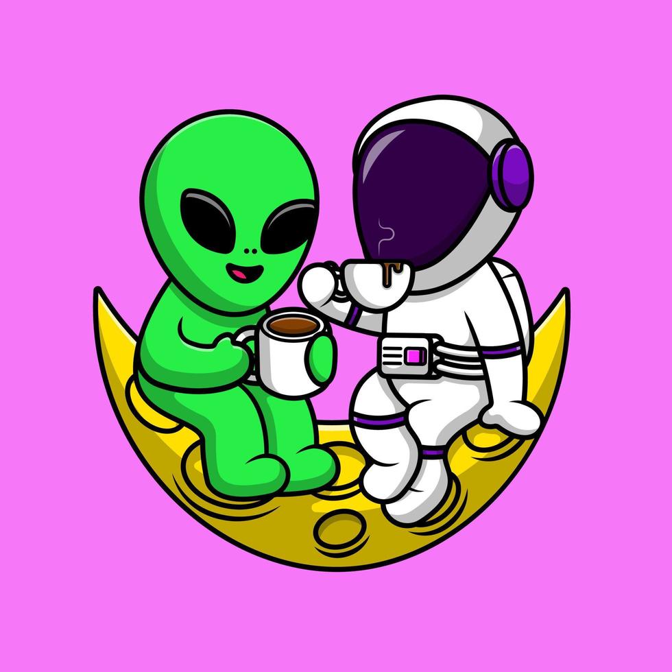 lindo astronauta con bebida alienígena café en la ilustración del icono del vector de dibujos animados de la luna. concepto de dibujos animados plana de tecnología de ciencia