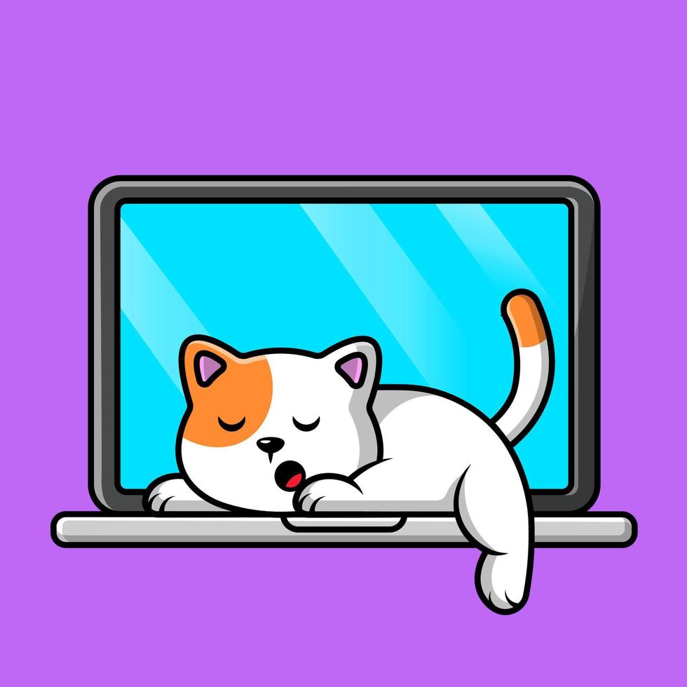 Cute Cat Sleeping On Laptop Cartoon Vector Icon Illustration. Animal Technology Flat Cartoon Concept