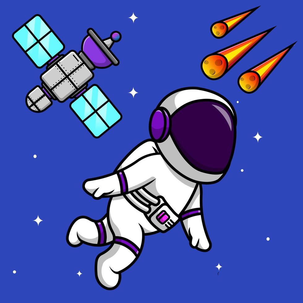 lindo astronauta flotando en el espacio con ilustración de icono de vector de dibujos animados de satélite y meteorito. concepto de dibujos animados plana