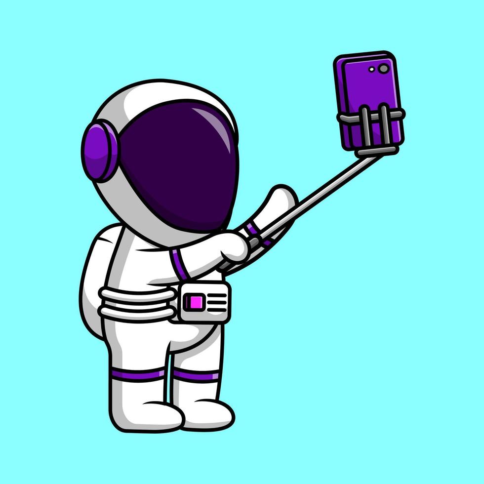 lindo astronauta tomando selfie con la ilustración del icono del vector de dibujos animados de la cámara del teléfono. concepto de dibujos animados plana