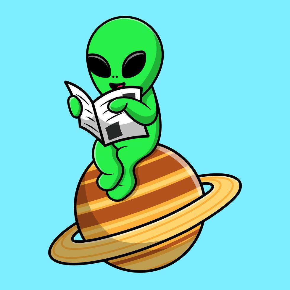 ilustración de icono de vector de dibujos animados de periódico de lectura extraterrestre lindo. concepto de dibujos animados plana