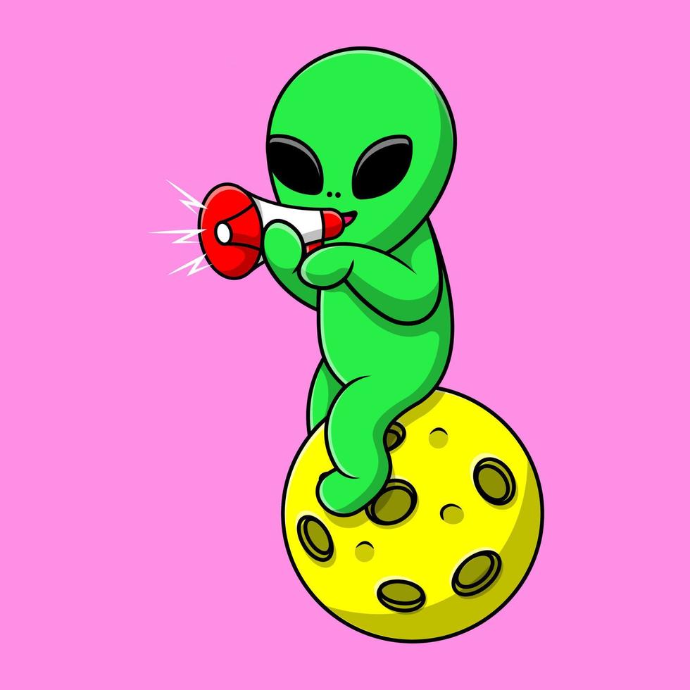 Cute Alien With Megaphone On Moon Cartoon Vector Icon Illustration. Science Technology Flat Cartoon Concept