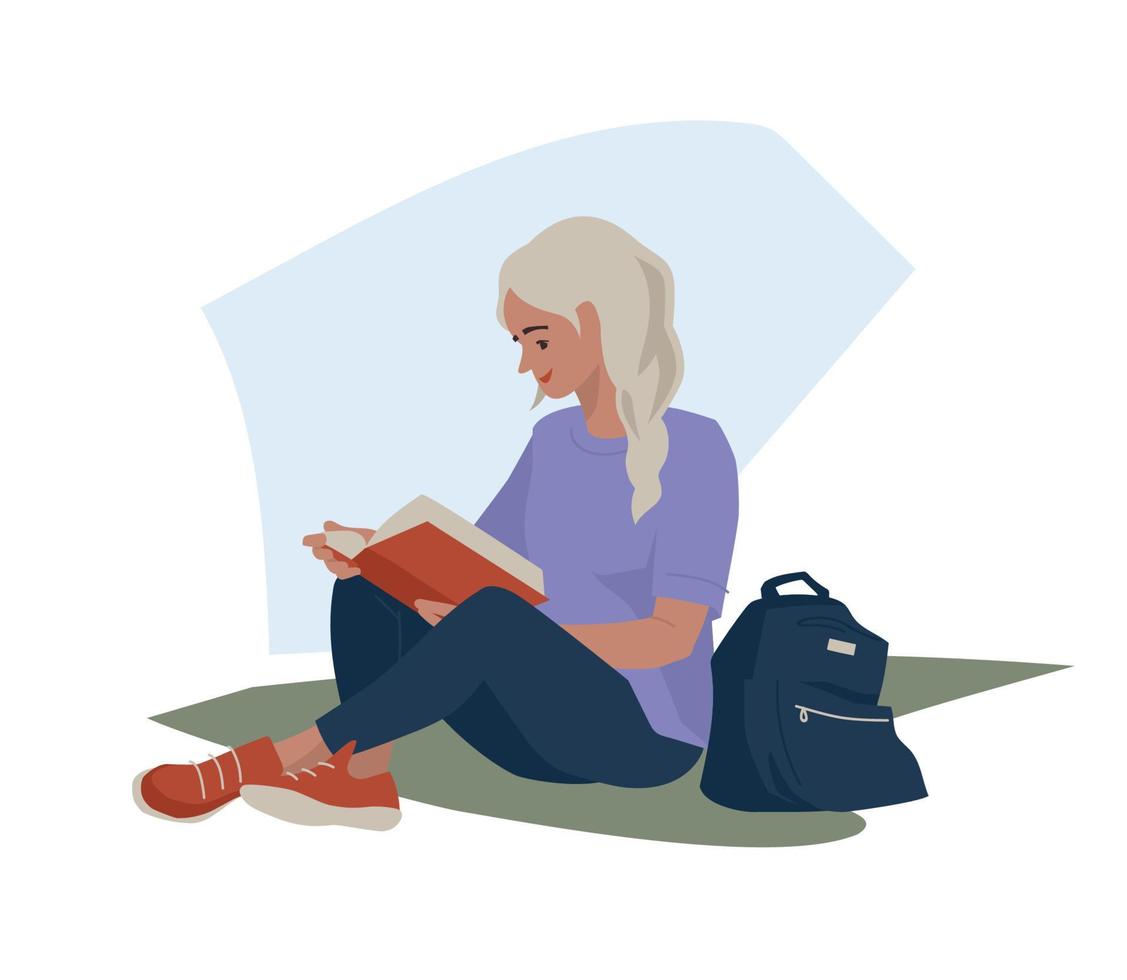 Student, teenager. A girl with a book sits on the grass. Relaxation. Student life. Vector image.