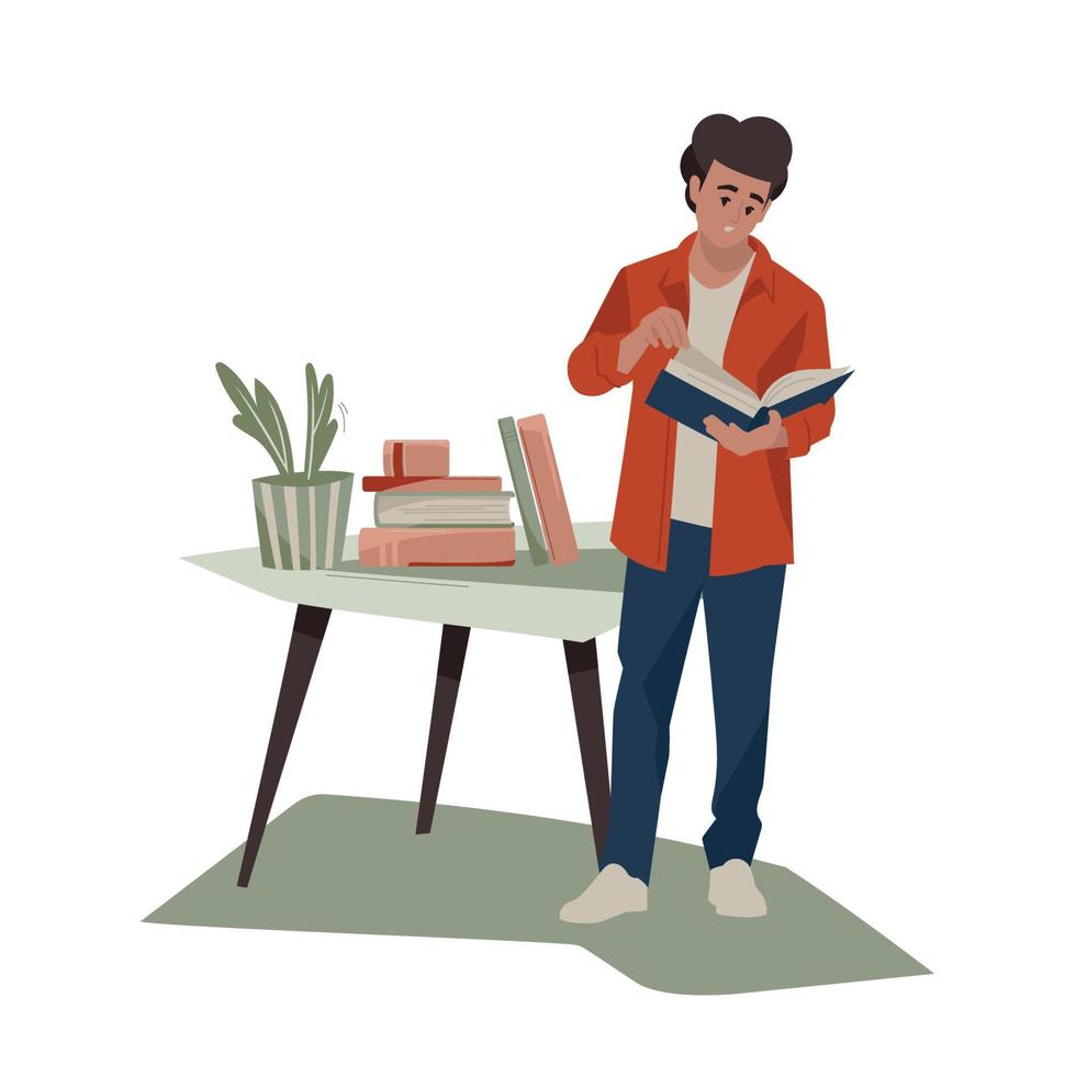 el chico tiene un libro en sus manos. mesa con libros. tema del libro amor por la lectura. imagen vectorial vector