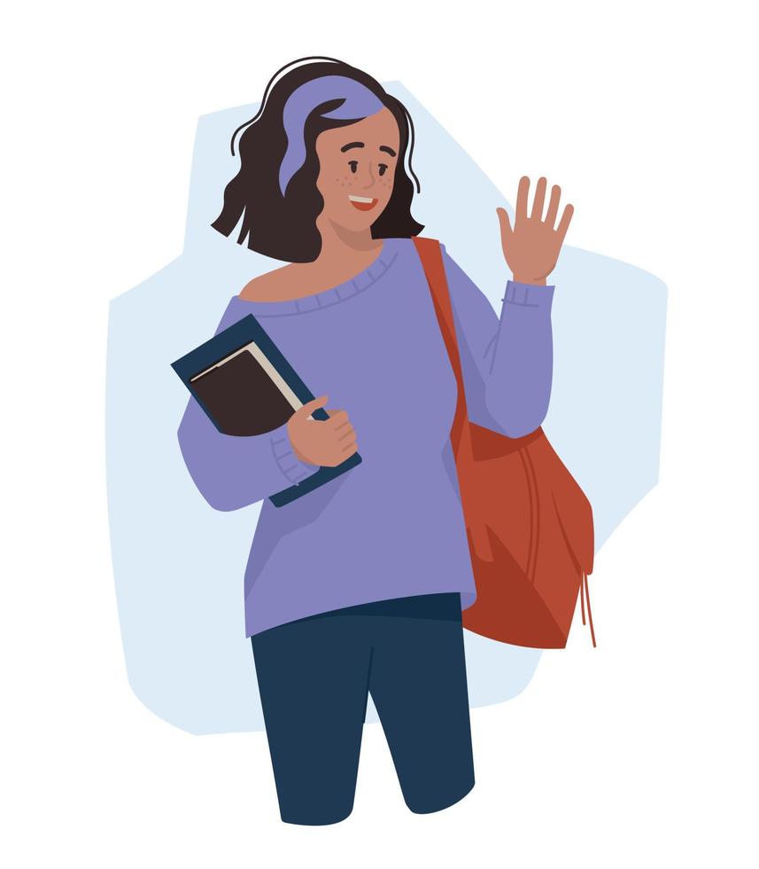 Students, pupils. A girl with books and a briefcase, waving her hand in greeting. Back to school. Vector image.