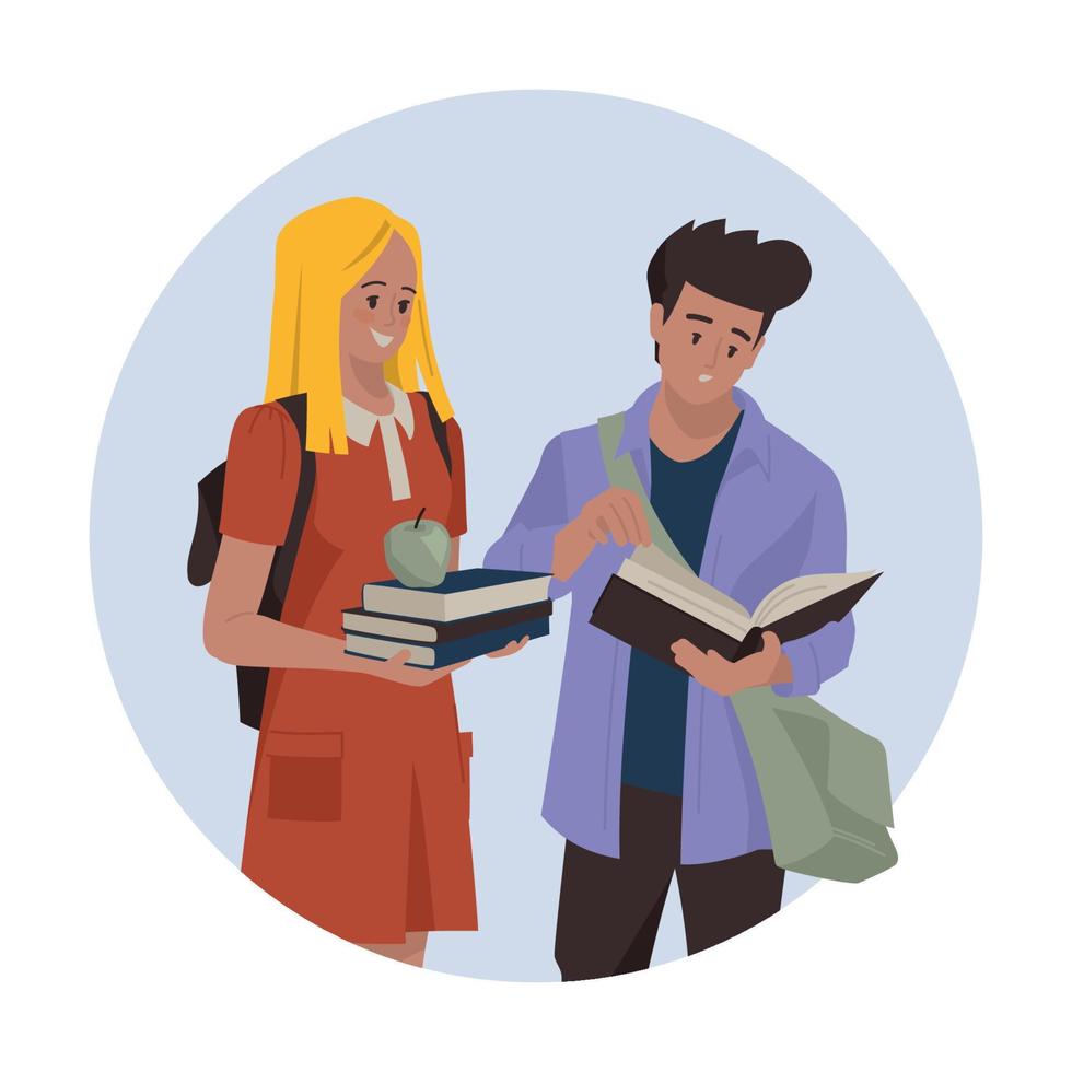 Students, schoolchildren, teenagers. The guy is reading a book. Girl with a stack of books. Students with briefcases. Back to school. Vector image.