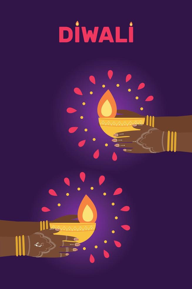 feliz diwali celebración ciudad fondo cielo linternas. lámparas de aceite iluminadas en las manos. mehndi feliz diwali celebración ciudad fondo cielo linternas. lámparas de aceite iluminadas en las manos. mehndi vector