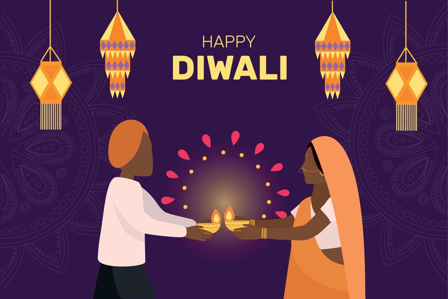 A man in traditional Indian clothing and a woman in an orange sari hold illuminated oil lamps. Sky lanterns and mandala in the background. Orange sari. Happy Diwali holiday. vector
