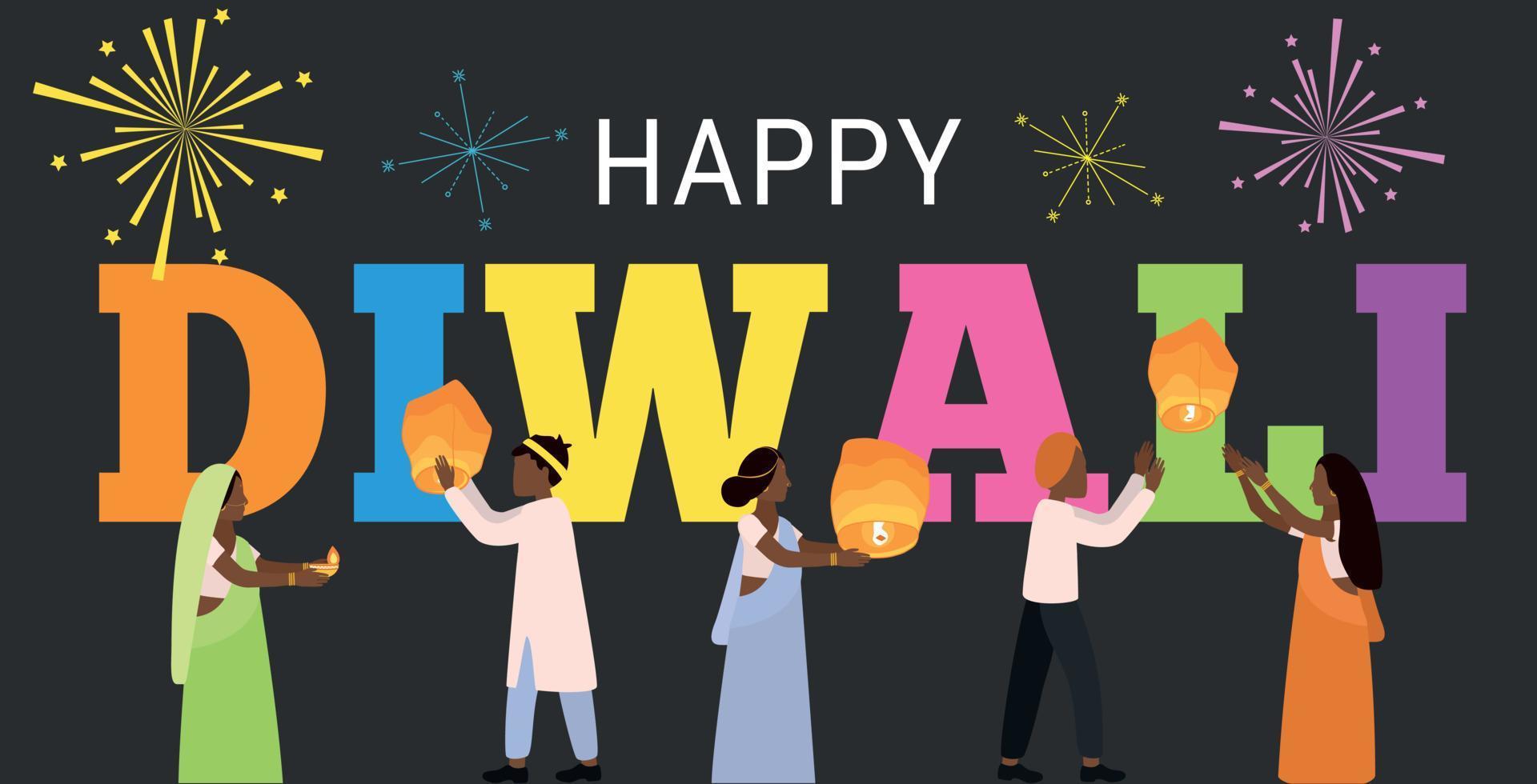 Happy Diwali celebration city background Sky lanterns. Illuminated oil lamps  in hands. People in traditional clothes on a holiday. Sari vector