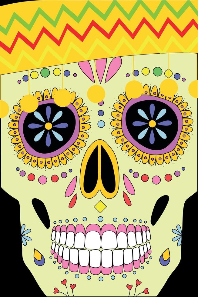 Day of the dead, Dia de los moertos, banner with colorful Mexican flowers. Vector skeleton skull in sombrero. Smiling sugar festive skull. Poncho, maracas. Mexico