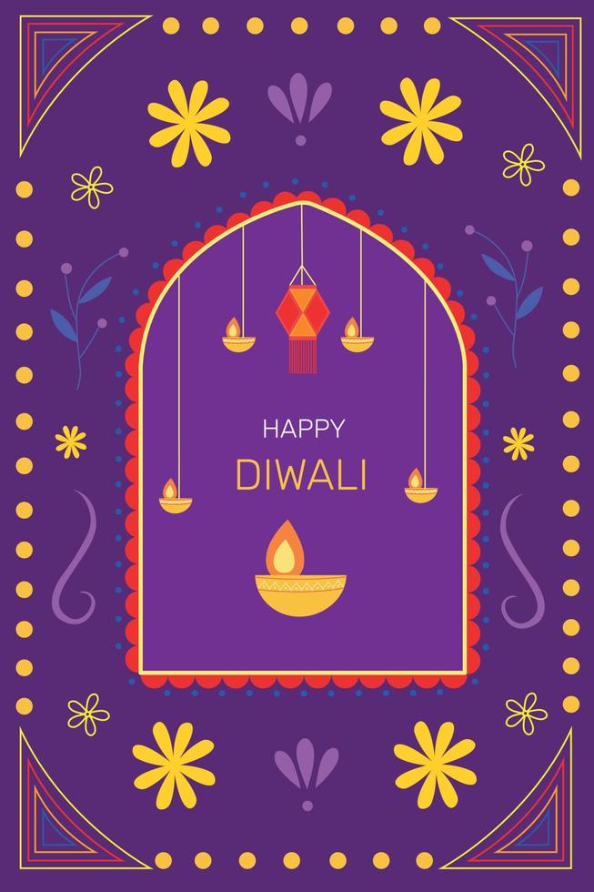 Happy Diwali celebration city background Sky lanterns. Illuminated oil lamps vector