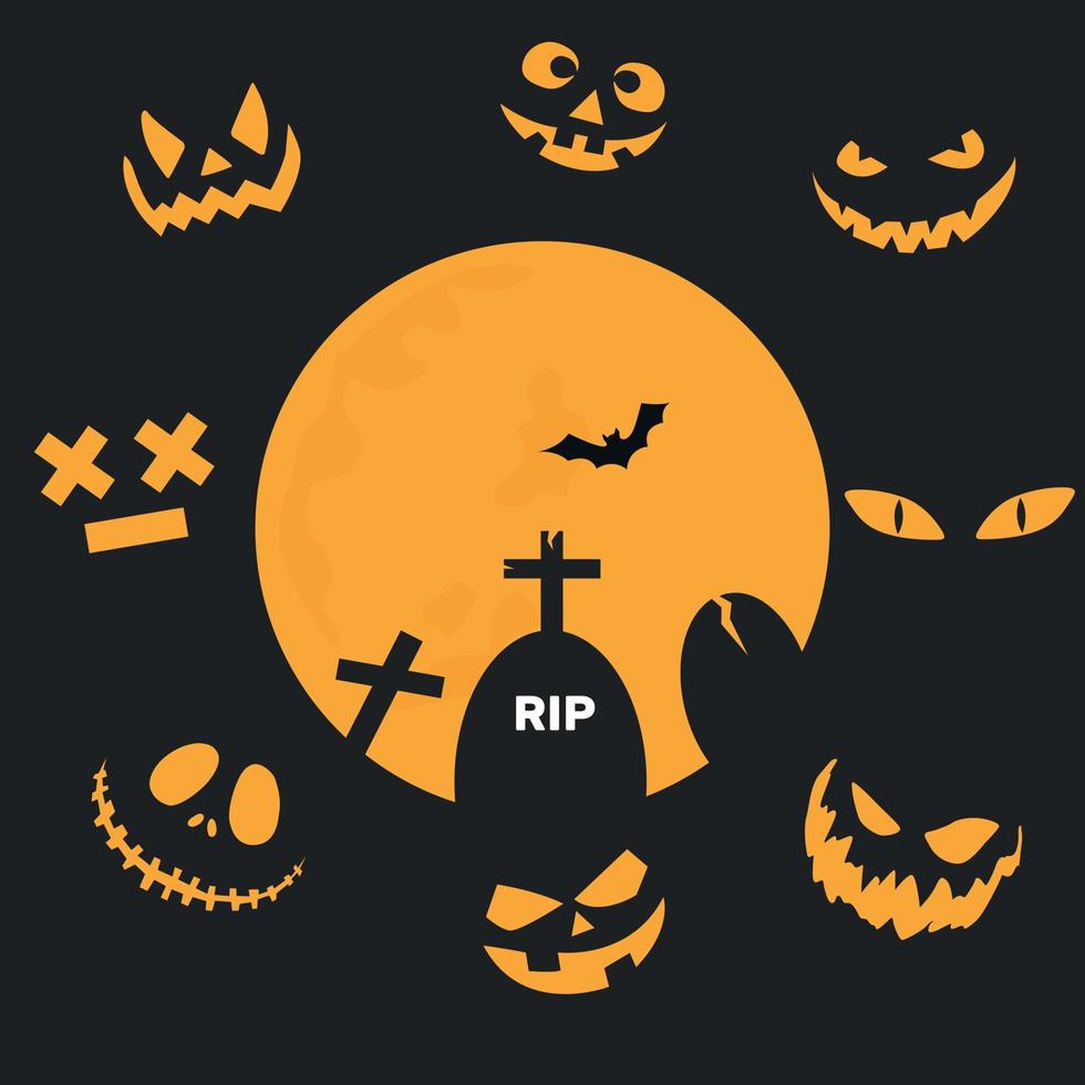 Scary and funny faces of Halloween pumpkin or ghost . Vector collection. Emotions of pumpkins on a black background. Spooky and fun happy halloween event mockup design.