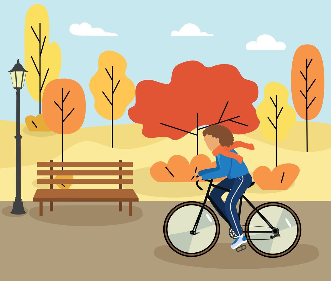 cartel hola otoño. chica en bicicleta. caminar. naturaleza otoñal, parque, colinas y campos, paisaje con árboles y plantas, cielo con nubes y hojas que caen. ilustración vectorial vector