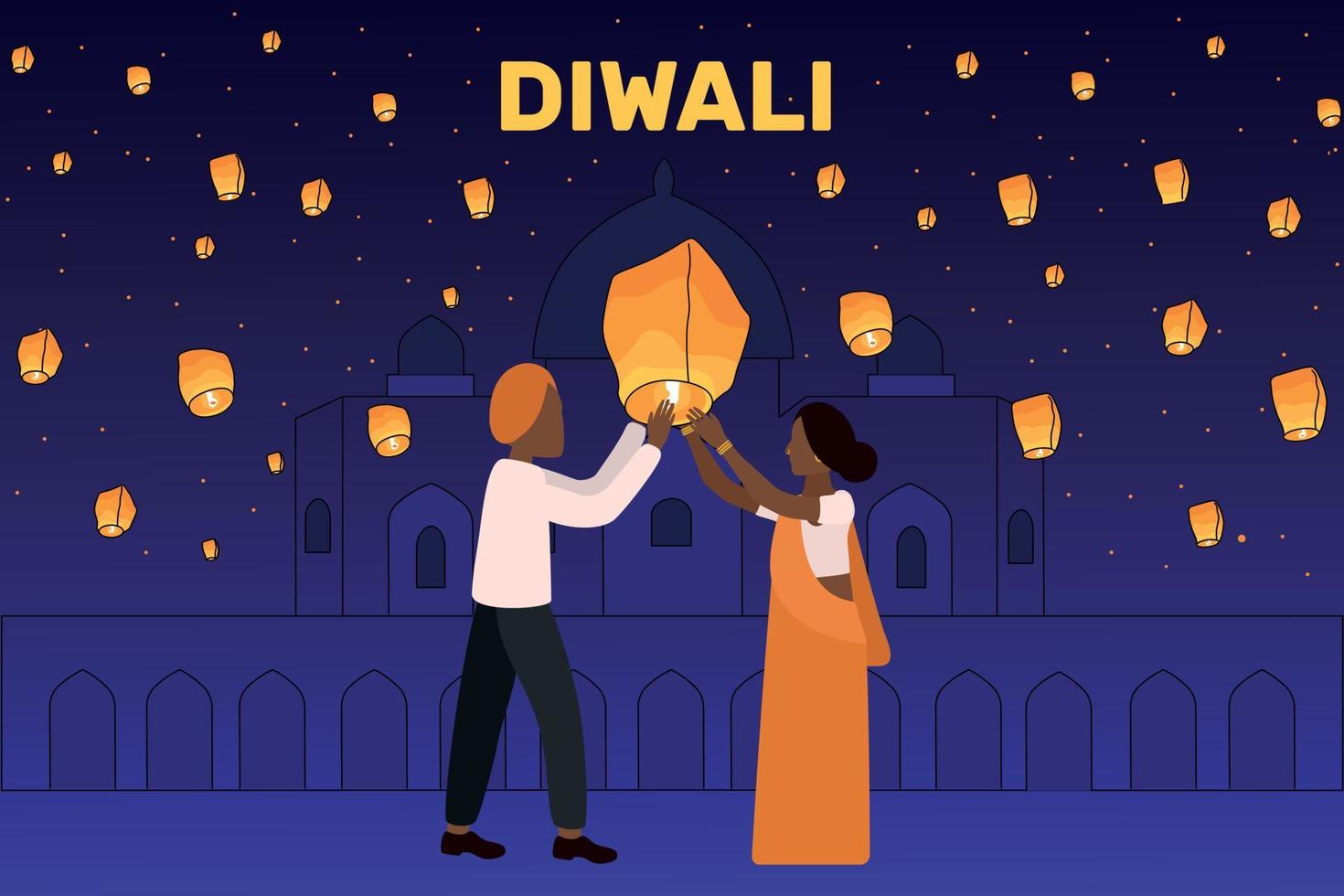 Diwali. A man and a woman launch a sky lantern. India. Happy Diwali holiday. Illuminated oil lamps. Traditional Indian clothing. Sari vector