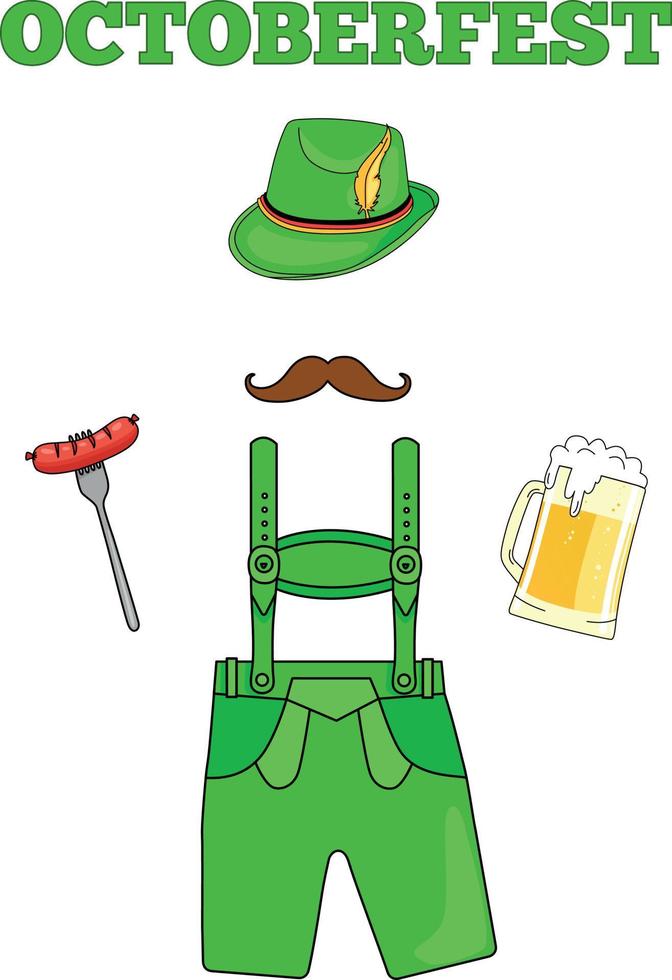 Oktoberfest beer festival set. Beer mug, sausage, Tyrolean hat, traditional clothes, flags, barrel, hops. Illustration or poster for a holiday. vector