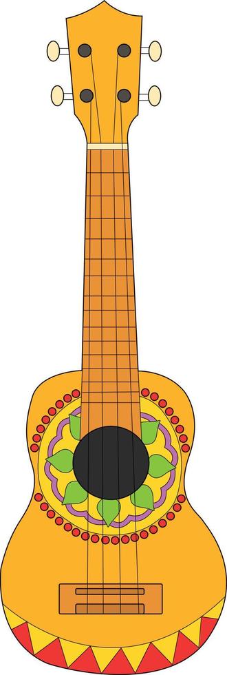 Beautiful vector illustration with design for Mexican holiday Cinco De Mayo. Vector template with traditional Mexican symbols Mexican guitar, flowers, red pepper