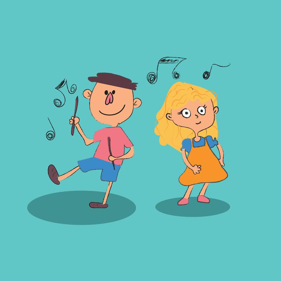 niño y niña tocando música y bailando, ilustración, vector