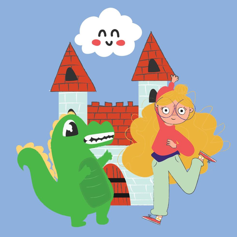 un niño jugando con un amigo imaginario, una niña feliz en un mundo imaginario jugando con su amigo imaginario, ilustración para libros infantiles, vector. vector