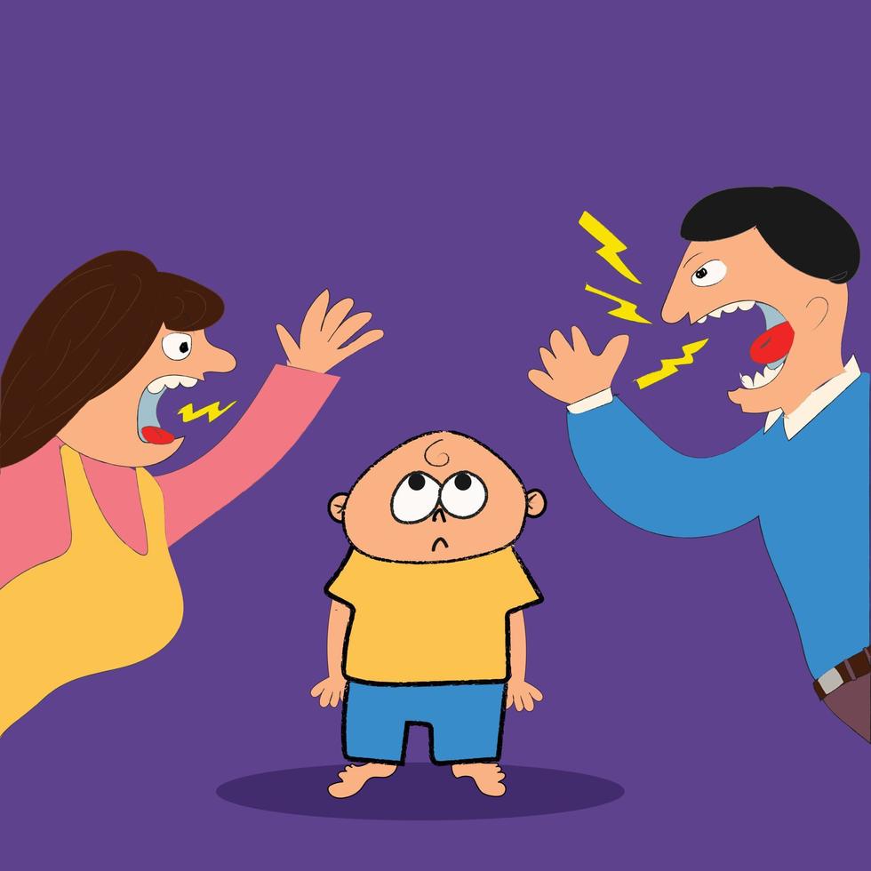 Parents arguing in front of their kid and the kid feeling sad and dispersed, illustrations, vector. vector