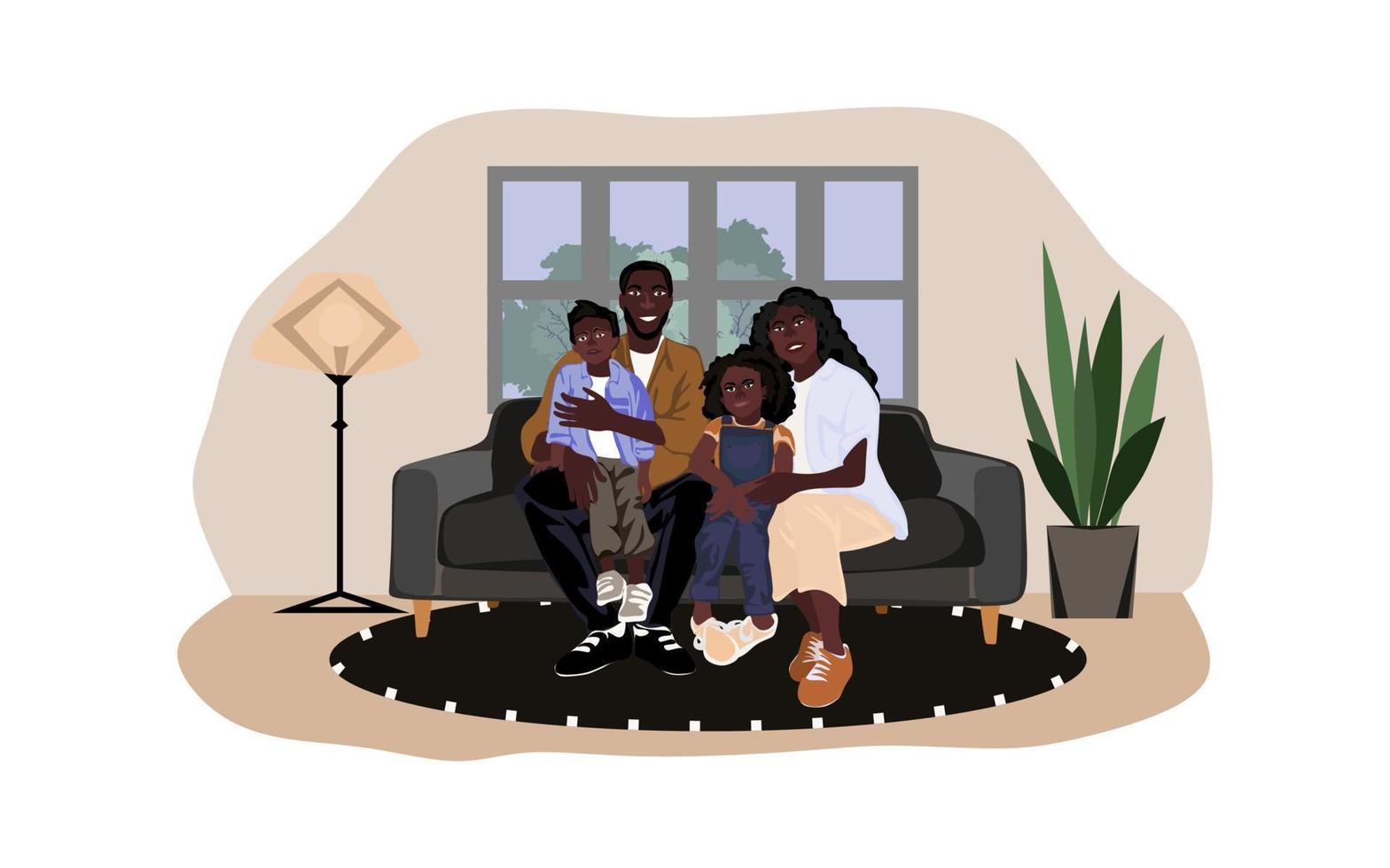 African American Mother and father with children sitting on the sofa in the room with modern interior. Happy smiling African american family. Vector flat illustration