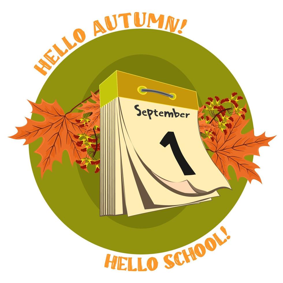 Hello autumn. Hello school. Stylish lettering with autumn acorn leaves and acorns. Banner, post, frame. The concept of the beginning of the school year, the first day of school, the first of September vector