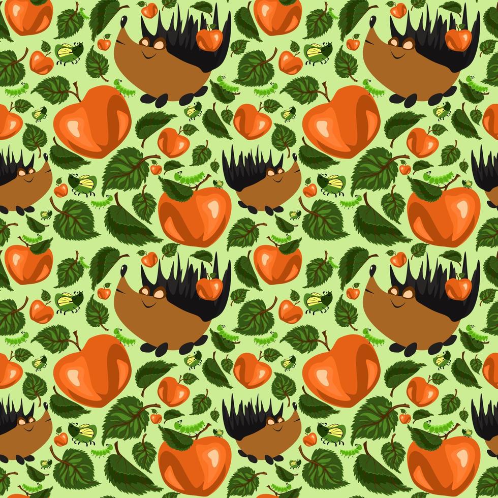 Summer Forest pattern with cute hedgehogs, caterpillars, beetles, apples and apple tree leaves. Seamless pattern for fabric, paper and other printing and web projects. vector