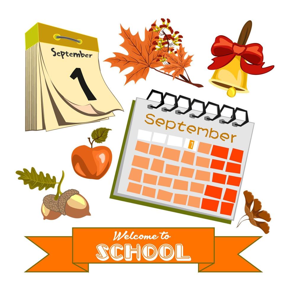 Welcome to school vector set of elements. Big educational clipart collection. Cute autumn school set of calendar, school bell with red bow, apple, acorns, maple leaves, and banner with lettering