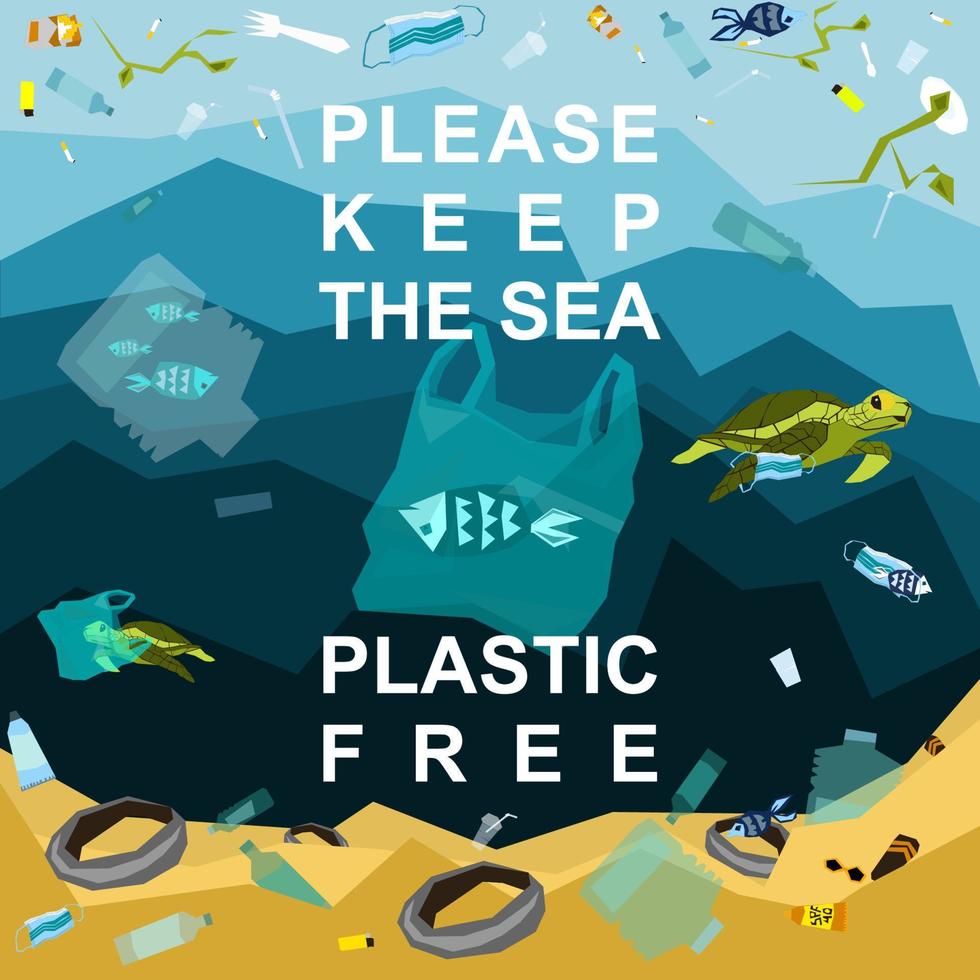 World oceans day, World Environment Day, Earth day, World Maritime Day concept vector illustration. Stop plastic pollution. Keep the oceans clean. Save the marine life. Stop creating trash mutants