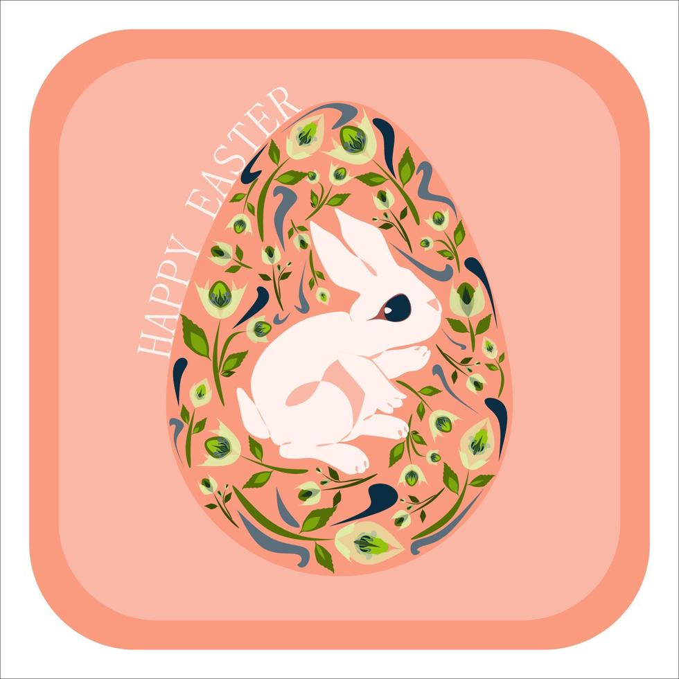 felices vacaciones de pascua y hola concepto de primavera en colores pastel diseño de estilo de dibujos animados. tarjeta de felicitación vectorial aislada con conejito de pascua decorado con flores rosa huevo de pascua vector