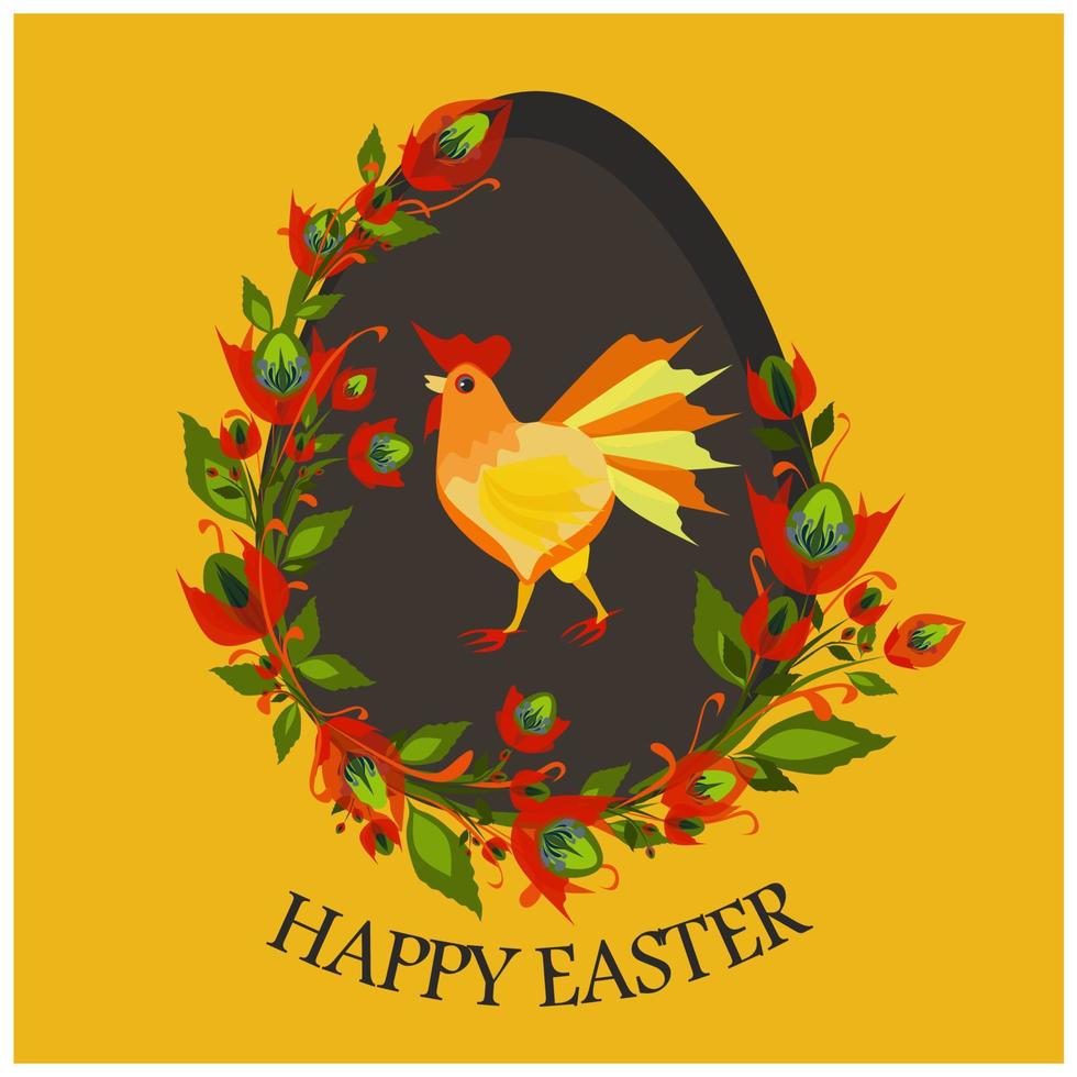 Isolated vector illustration with cute hen painted on Easter egg and decorated with red flowers. Traditional decoration of eggs for religious holiday. Happy Easter greeting card, banner or post.