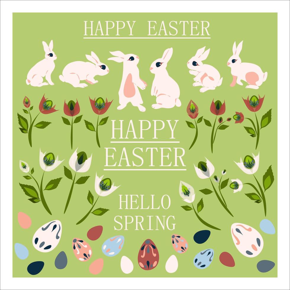 Happy Easter holiday and Hello spring concept in pastel colors cartoon style design. Isolated vector greeting card with Easter bunny in decorated with flowers pink Easter egg