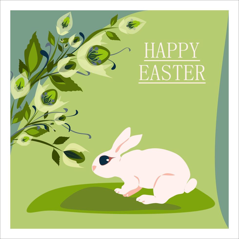 Happy Easter holiday and Hello spring concept in pastel colors cartoon style design. Isolated vector greeting card with Easter bunny in decorated with flowers pink Easter egg