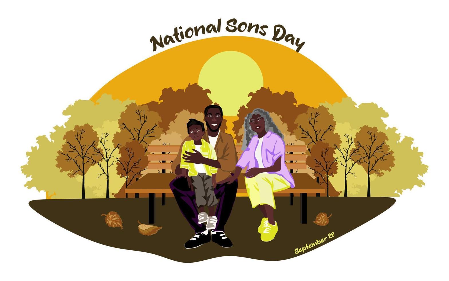 Happy African American family sits on a park bench in sunny weather. National sons day conceptual vector design. Elderly mother sit on a bench with her son and grandson