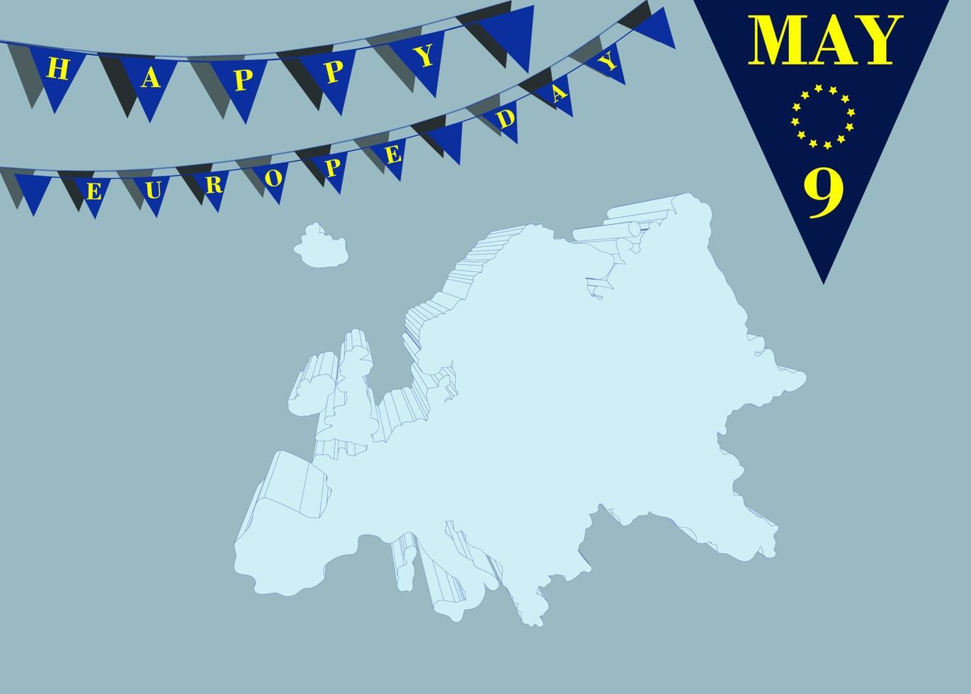 Día de Europa 9 de mayo. mapa de europa un concepto de bandera. diseño de fondo vectorial, pancarta, afiche o tarjeta con banderas y letras. paz y unidad en europa celebrada el 9 de mayo por la unión europea. vector