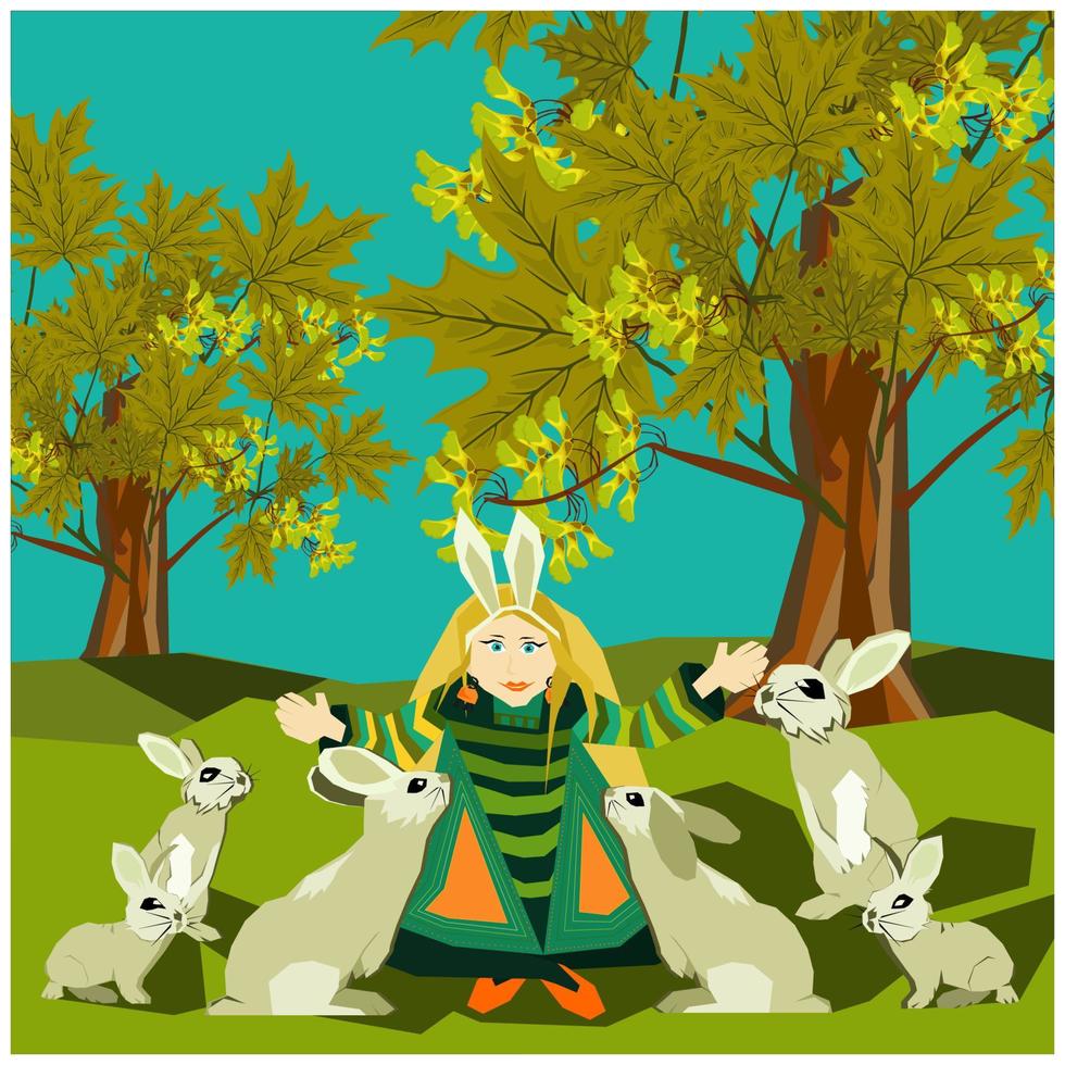 linda caricatura estilo boho vestida con una diadema con orejas de conejo en el bosque de árboles de arce besando a un conejito o un conejito en la frente. ilustración vectorial para libro infantil, cuento de hadas vector