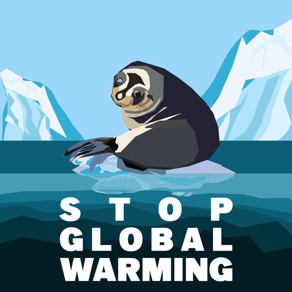 Global warming abstract concept. Fur seal drifting on a small ice floe of melting antarctic glacier. Flat cartoon vector illustration, Stop Global Warming quote