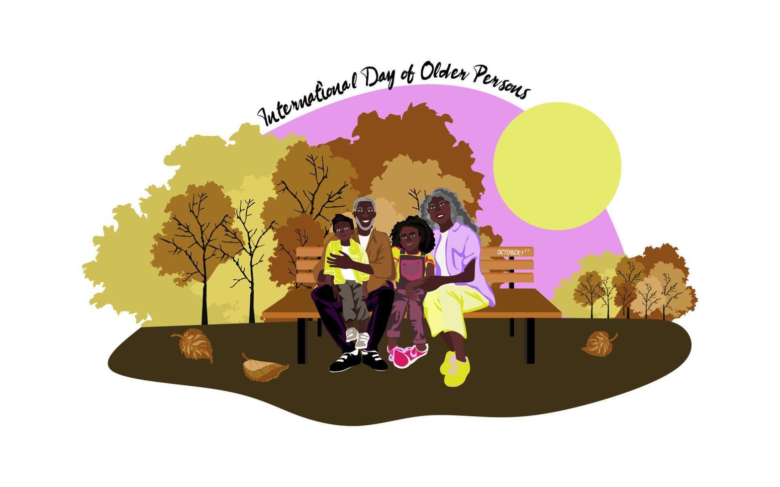 día internacional de la ilustración vectorial de las personas mayores. anciana afroamericana y hombre con nietos. feliz y sonriente anciana y hombre están sentados en un banco en el parque de otoño vector