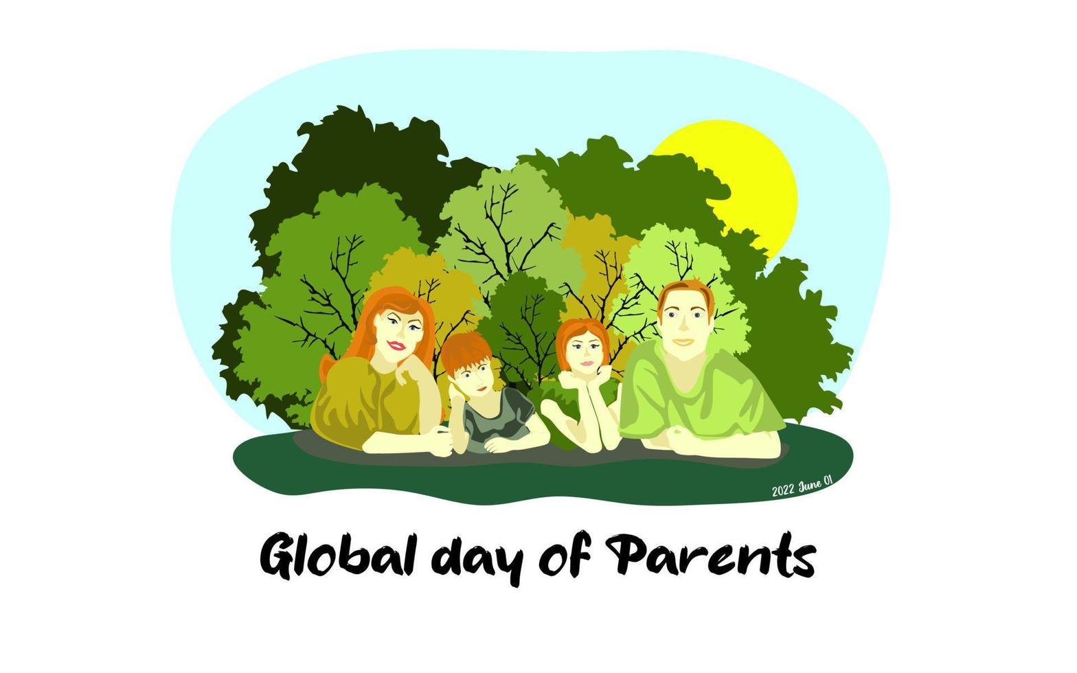 Happy Global Day of Parents vector illustration. Conceptual world parents day design, banner or card. Happy European family lies on the grass in park