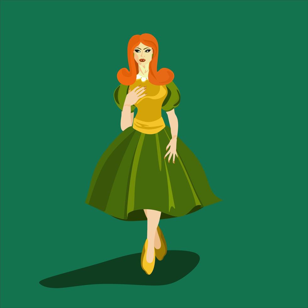 jovencita bonita con un peinado retro con el pelo rojo y un hermoso vestido verde retro. ilustración aislada vector