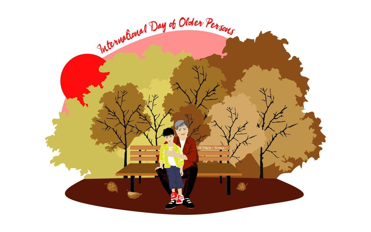 International day of older persons vector illustration. Asian elderly man. Happy and smiling elderly man is sitting on a bench with his grandson