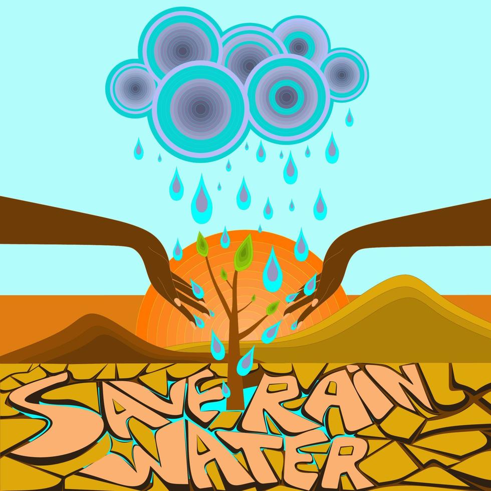 Water is life.Save rainwater. Rainwater harvesting. Rain drops collected in hands from rain clouds and carried to dry areas for irrigation. Solution to water crisis concept illustration. vector