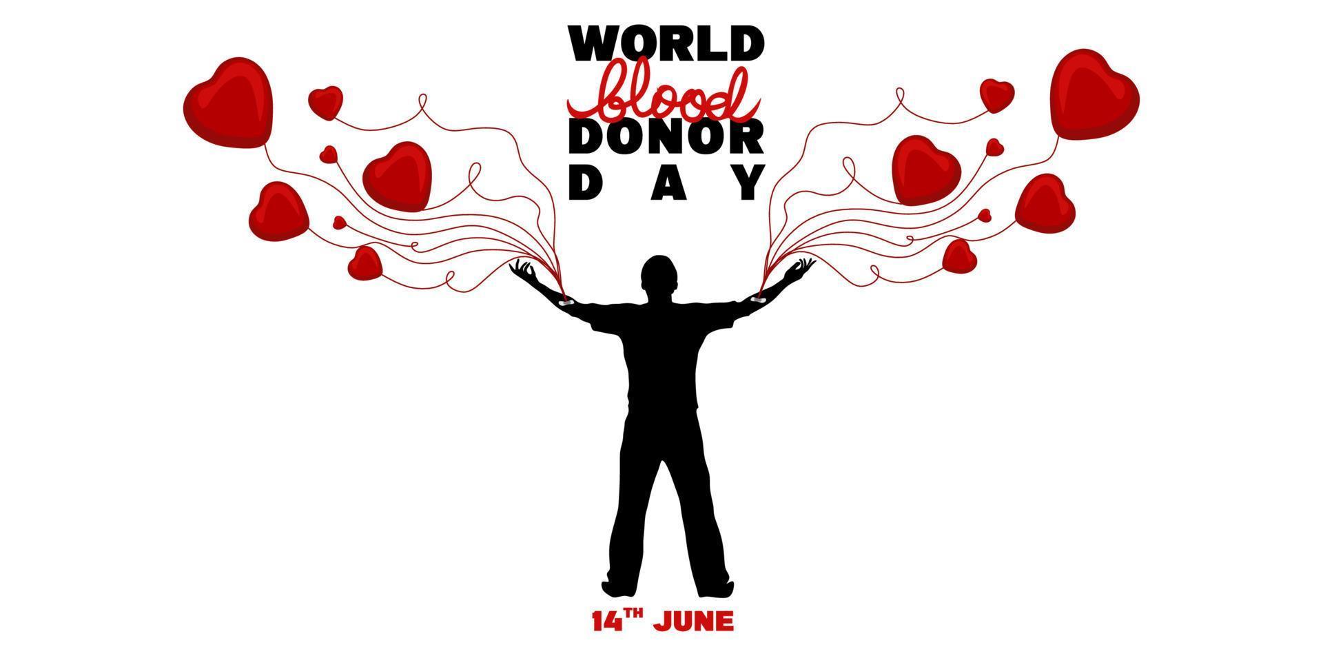 afiche del día mundial del donante de sangre, humano dona sangre, bolsa de sangre, corazón y vector de silueta humana