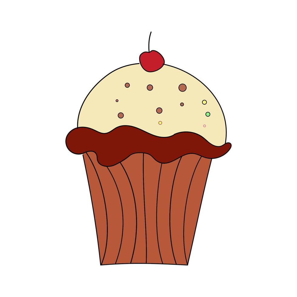 Chocolate cupcake with cherry on a white background. Vector isolated image in doodle style for menu design