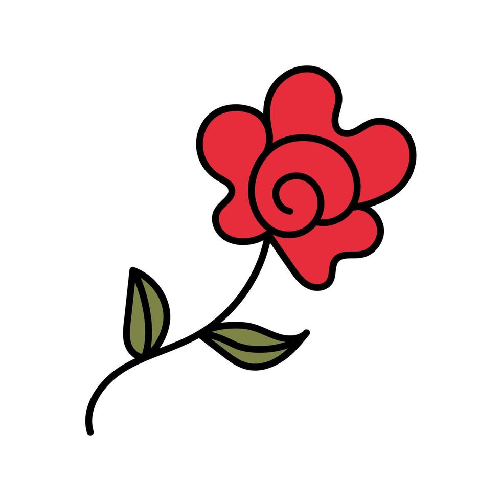 Red rose close-up in doodle style on white background. Vector isolated image for use in notepad or web design