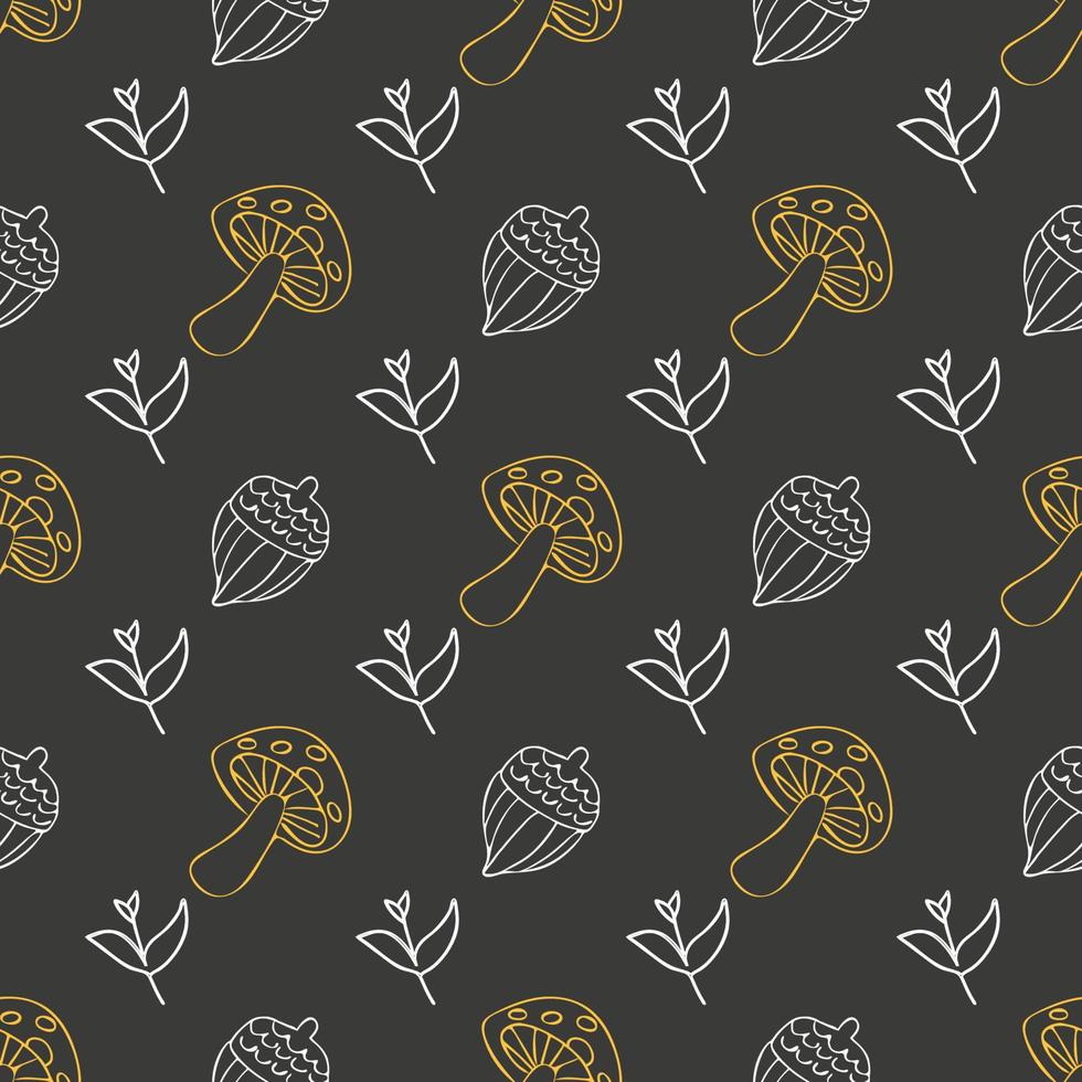 Mushroom and acorn pattern on a black background for textile or packaging design vector