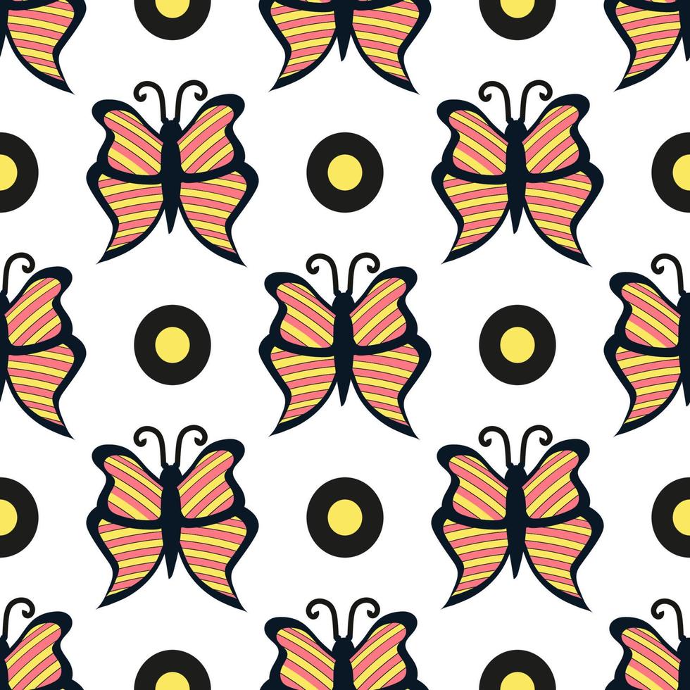 Orange-yellow butterfly pattern on white background for textile design. Vector image for use in website design