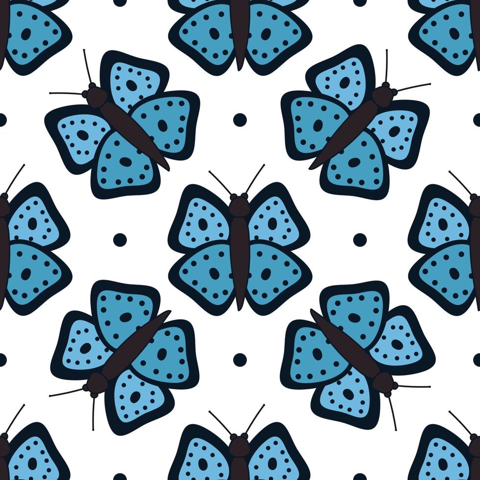 Blue butterfly pattern on a white background for use as a print. Vector isolated image for textile applications or packaging design