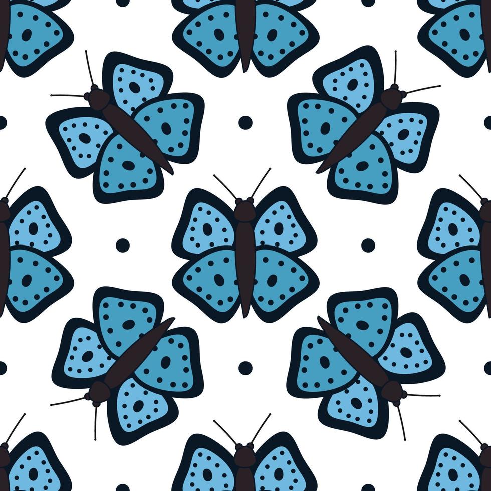 Blue butterfly pattern on a white background for use as a print. Vector isolated image for textile applications or packaging design