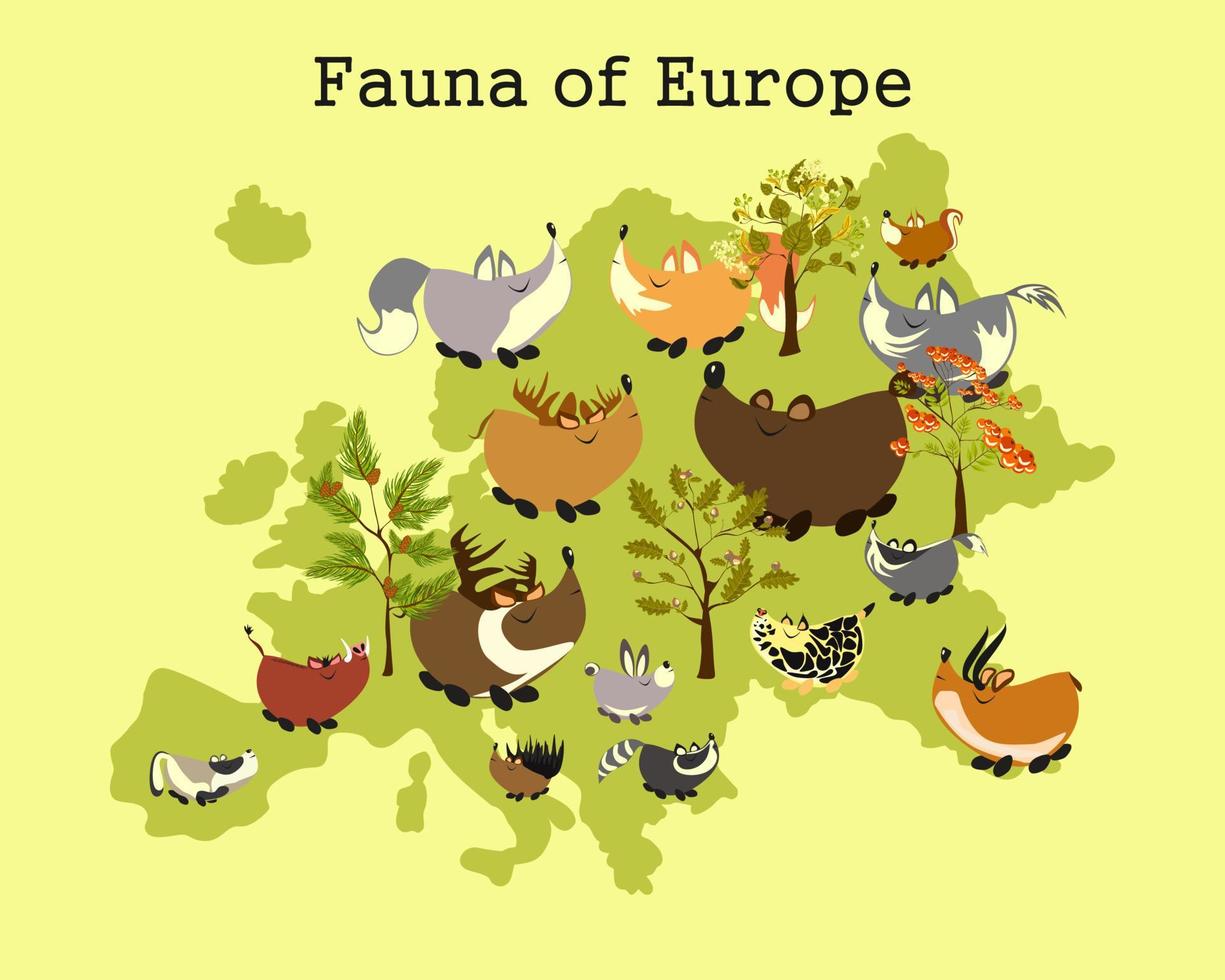 Animal map of Europe. Children s educational poster with animals of the middle zone of Europe. Fauna of Europe. Children s map. vector